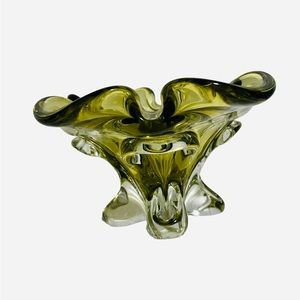 Vintage Mid Century Green Lorraine Chalet Sommerso Art Glass Shallow Vase Dish